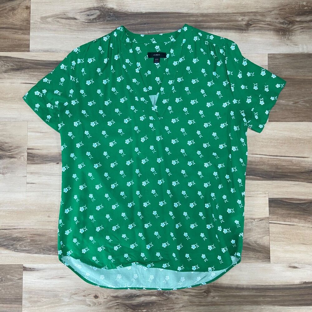 J Crew Shirt Womens XXS Green Floral Print Drapey Flowy Band Collar Short Sleeve